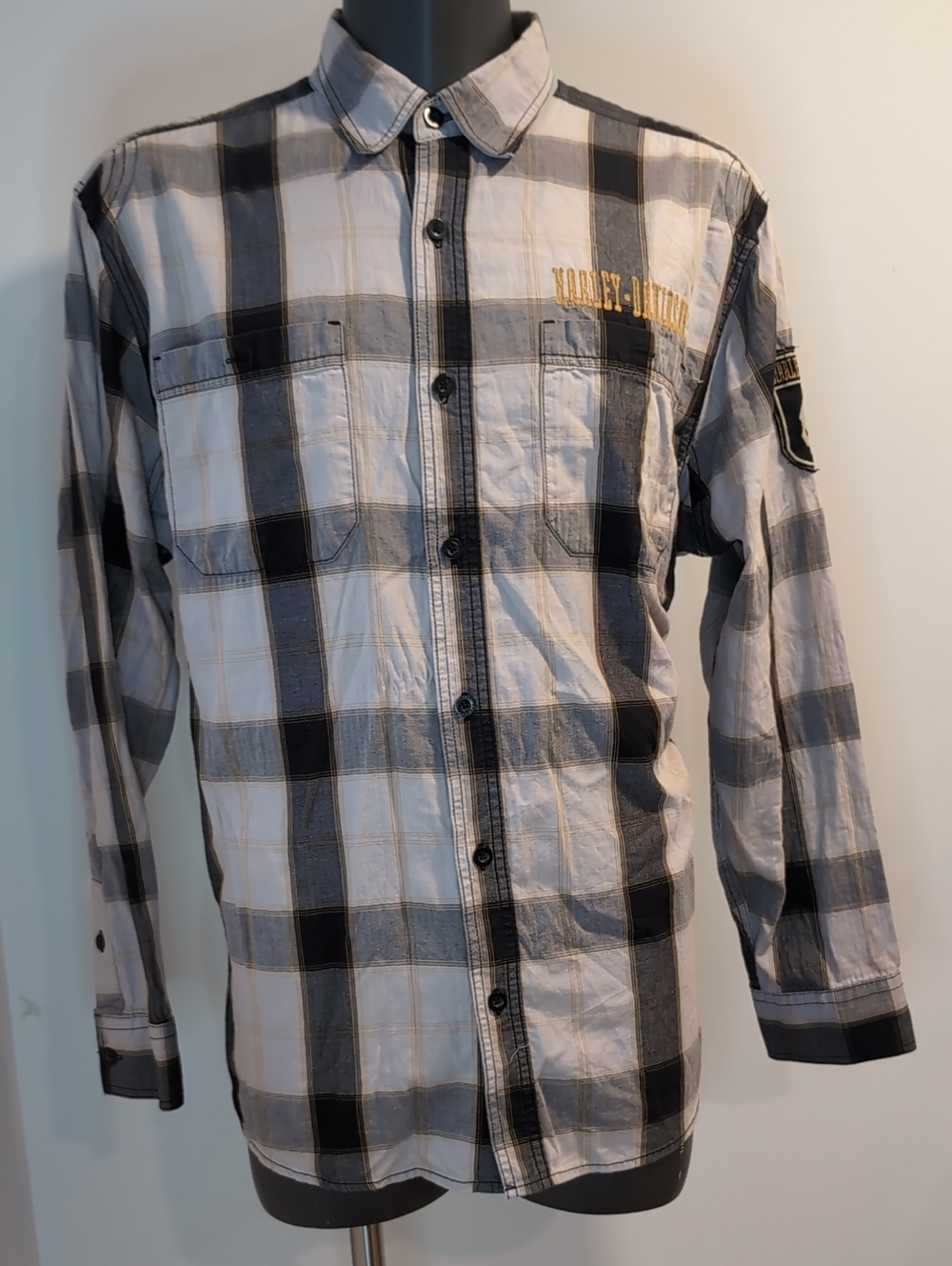 Harley-Davidson Black and Grey Plaid Button-Down Shirt Size XL
